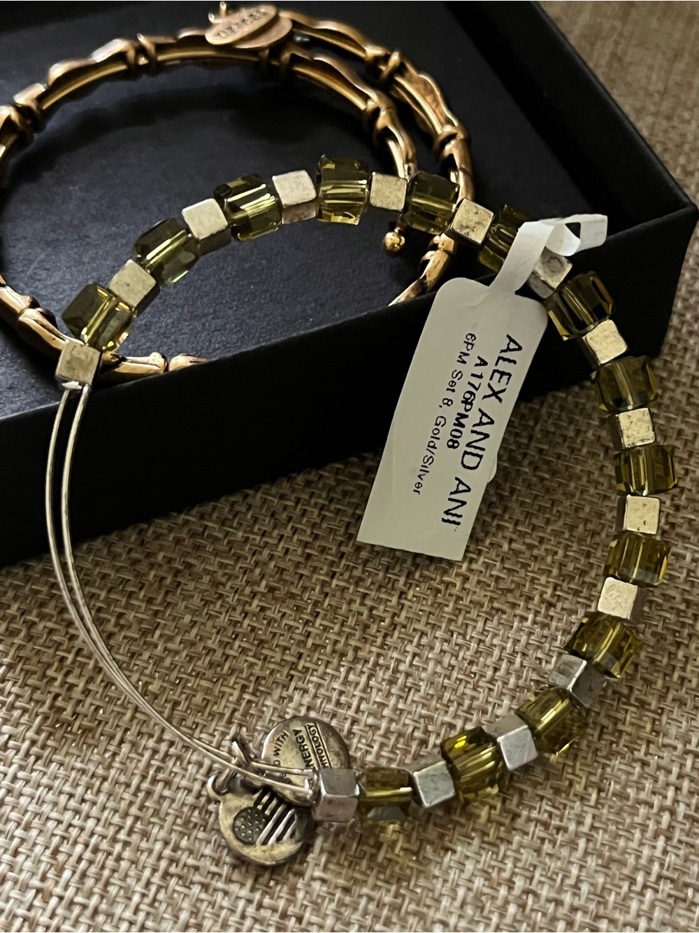 Alex and Ani Gold and Silver Mixed Metal Bracelet Trio with Olive-Green Beads - Picture 7 of 10